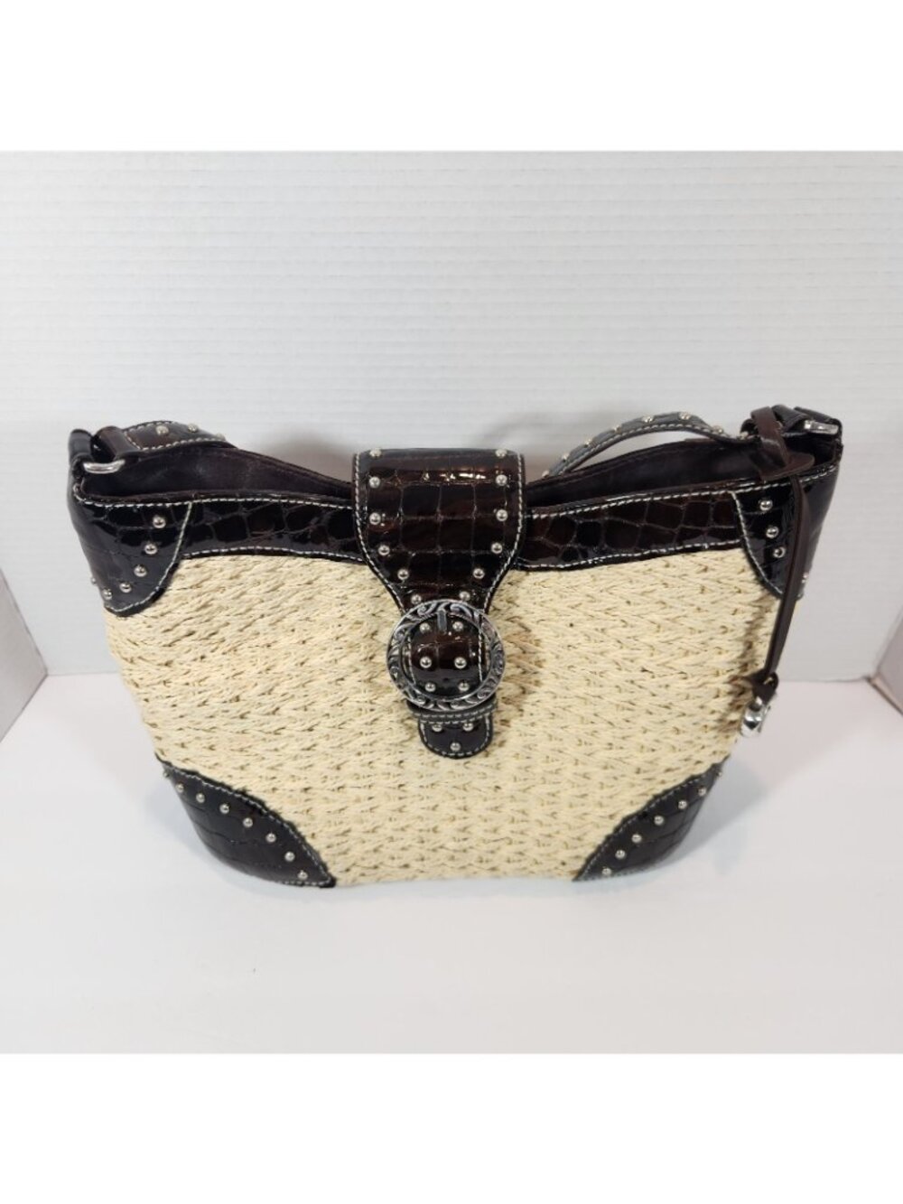 Brighton Woven Tan Straw Studded Brown Leather Handbag Purse Bag DEFECT STRAP - Picture 2 of 16